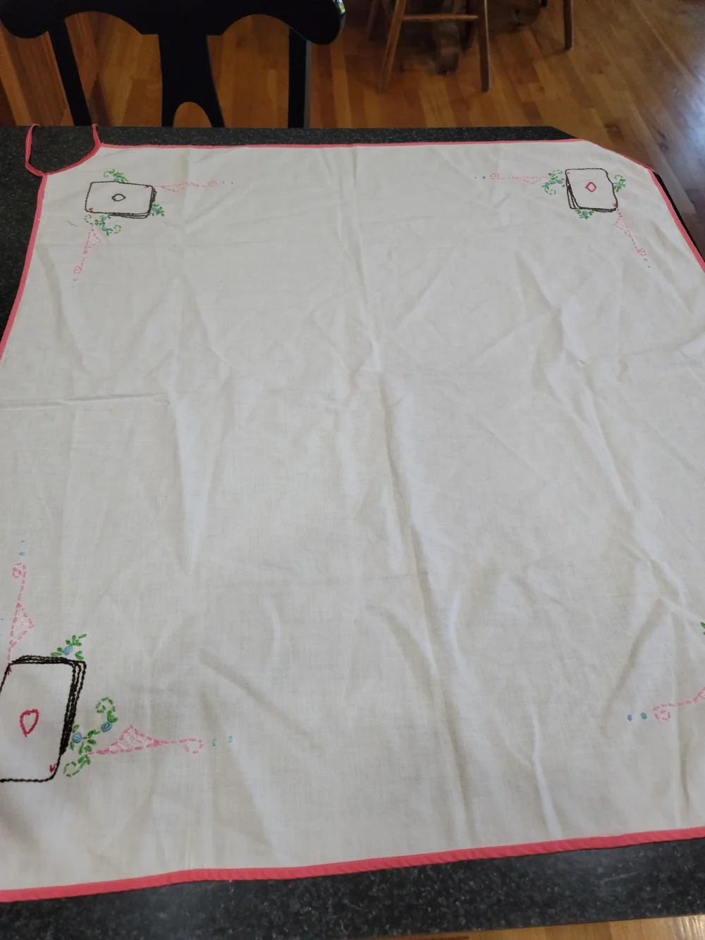 Vintage Hand Embroidered Card Table Cover Playing Cards Bridge Cloth Corner Ties